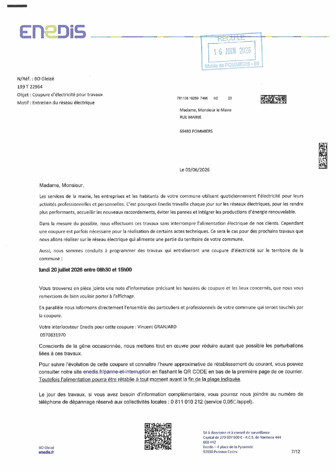 Coupure d'électricité ENEDIS juillet 2026